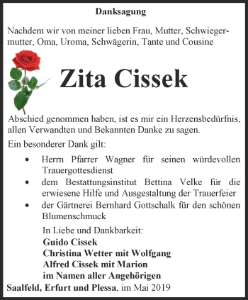 Traueranzeige von Zita Cissek von Ostthüringer Zeitung