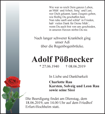 Traueranzeige von Adolf Pößnecker von Thüringer Allgemeine, Thüringische Landeszeitung