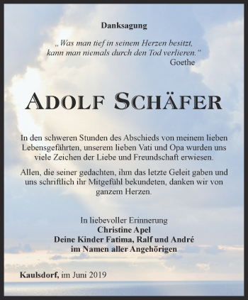 Traueranzeige von Adolf Schäfer von Ostthüringer Zeitung