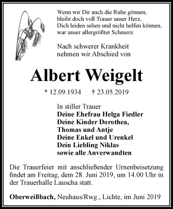 Traueranzeige von Albert Weigelt von Ostthüringer Zeitung