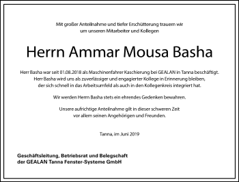 Traueranzeige von Ammar Mousa Basha von Ostthüringer Zeitung