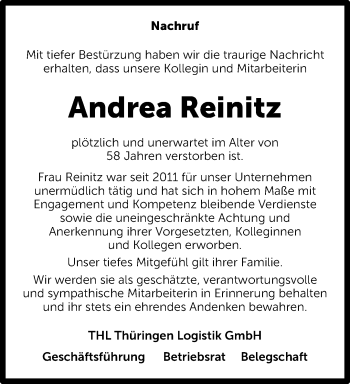 Traueranzeige von Andrea Reinitz von Ostthüringer Zeitung, Thüringische Landeszeitung