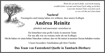 Traueranzeige von Andrea Reinitz von Ostthüringer Zeitung, Thüringische Landeszeitung