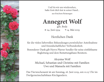 Traueranzeige von Annegret Wolf von Thüringer Allgemeine