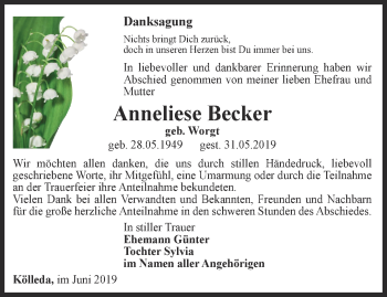 Traueranzeige von Anneliese Becker von Thüringer Allgemeine