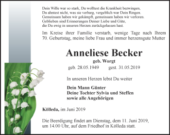 Traueranzeige von Anneliese Becker von Thüringer Allgemeine