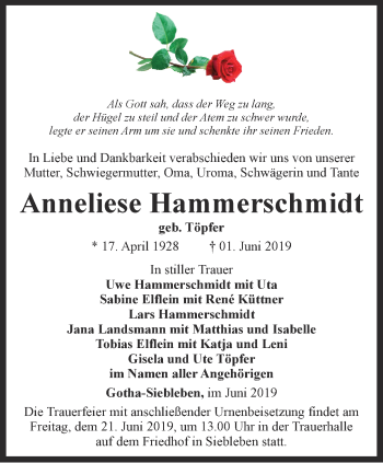 Traueranzeige von Anneliese Hammerschmidt von Ostthüringer Zeitung, Thüringische Landeszeitung