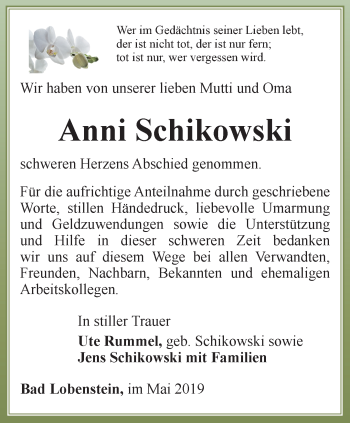 Traueranzeige von Anni Schikowski von Ostthüringer Zeitung