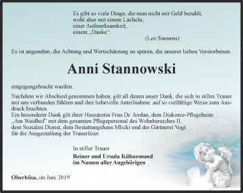 Traueranzeige von Anni Stannowski von Thüringer Allgemeine