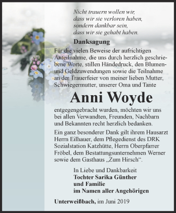Traueranzeige von Anni Woyde von Ostthüringer Zeitung