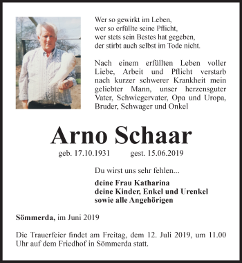Traueranzeige von Arno Schaar von Thüringer Allgemeine