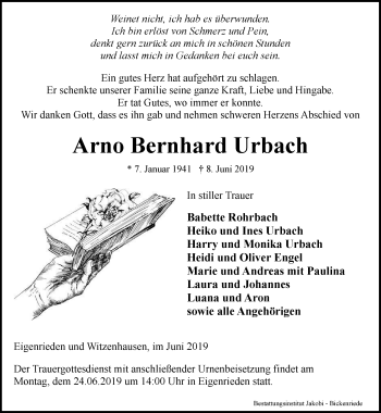 Traueranzeige von Arno Bernhard Urbach von Thüringer Allgemeine, Thüringische Landeszeitung