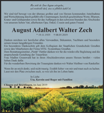 Traueranzeige von August Adalbert Walter Zech von Thüringer Allgemeine