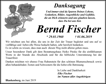 Traueranzeige von Bernd Fischer von Ostthüringer Zeitung