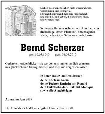 Traueranzeige von Bernd Scherzer von Ostthüringer Zeitung