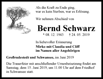 Traueranzeige von Bernd Schwarz von Thüringer Allgemeine, Thüringische Landeszeitung