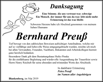 Traueranzeige von Bernhard Preuß von Ostthüringer Zeitung