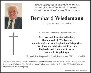 Traueranzeige von Bernhard Wiedemann von Thüringer Allgemeine, Thüringische Landeszeitung