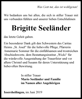 Traueranzeige von Brigitte Seeländer von Thüringer Allgemeine, Thüringische Landeszeitung