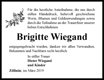 Traueranzeige von Brigitte Wiegand von Ostthüringer Zeitung, Thüringische Landeszeitung