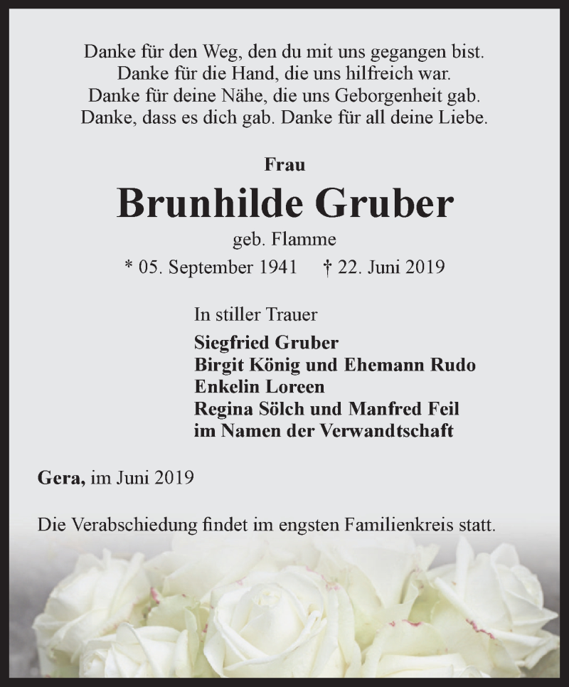  Traueranzeige für Brunhilde Gruber vom 29.06.2019 aus Ostthüringer Zeitung