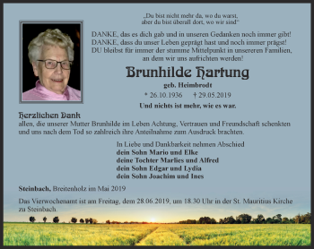 Traueranzeige von Brunhilde Hartung von Thüringer Allgemeine