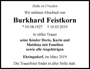 Traueranzeige von Burkhard Feistkorn von Thüringer Allgemeine, Thüringische Landeszeitung