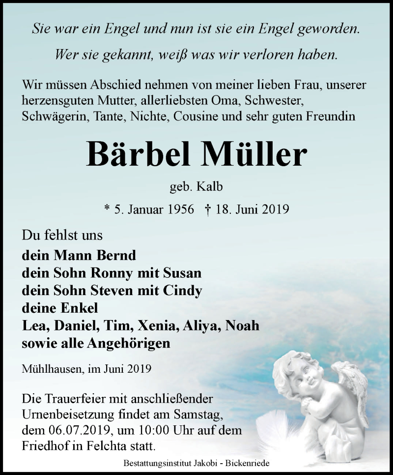  Traueranzeige für Bärbel Müller vom 29.06.2019 aus Thüringer Allgemeine, Thüringische Landeszeitung