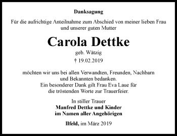 Traueranzeige von Carola Dettke von Thüringer Allgemeine