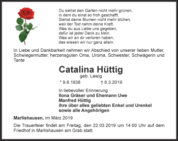 Traueranzeige von Catalina Hüttig von Thüringer Allgemeine