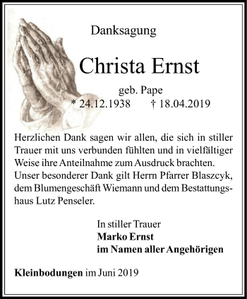 Traueranzeige von Christa Ernst von Thüringer Allgemeine