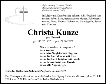 Traueranzeige von Christa Kunze von Thüringer Allgemeine