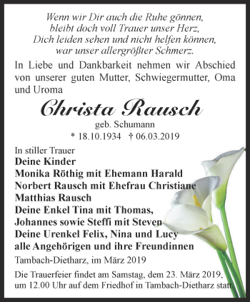 Traueranzeige von Christa Rausch von Ostthüringer Zeitung, Thüringische Landeszeitung