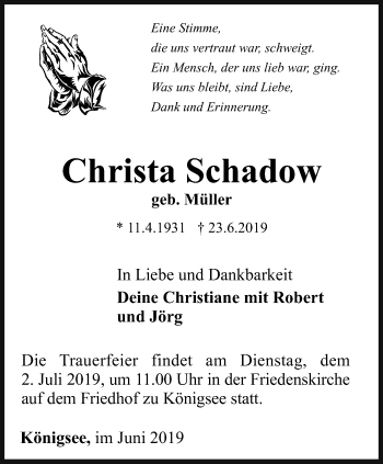 Traueranzeige von Christa Schadow von Ostthüringer Zeitung