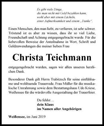 Traueranzeige von Christa Teichmann von Thüringer Allgemeine