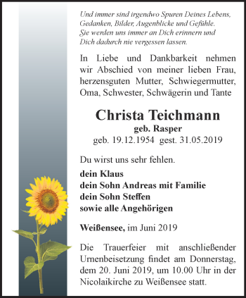 Traueranzeige von Christa Teichmann von Thüringer Allgemeine