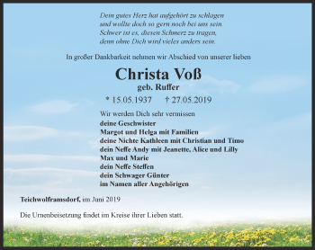 Traueranzeige von Christa Voß von Ostthüringer Zeitung