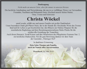 Traueranzeige von Christa Wöckel von Ostthüringer Zeitung