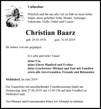 Traueranzeige von Christian Baarz von Ostthüringer Zeitung