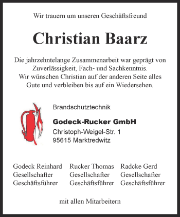 Traueranzeige von Christian Baarz von Ostthüringer Zeitung