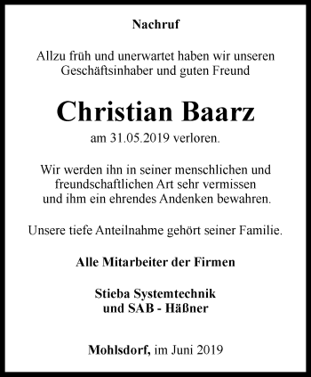 Traueranzeige von Christian Baarz von Ostthüringer Zeitung