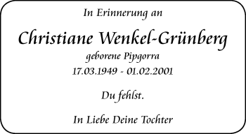 Traueranzeige von Christiane Wenkel-Grünberg von Thüringer Allgemeine, Thüringische Landeszeitung