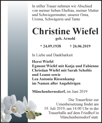 Traueranzeige von Christine Wiefel von Ostthüringer Zeitung