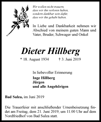 Traueranzeige von Dieter Hillberg von Thüringer Allgemeine, Thüringische Landeszeitung