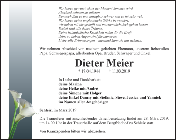 Traueranzeige von Dieter Meier von Ostthüringer Zeitung