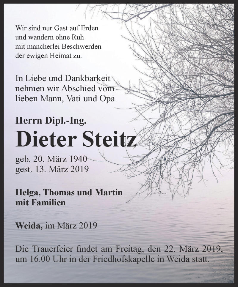  Traueranzeige für Dieter Steitz vom 16.03.2019 aus Ostthüringer Zeitung