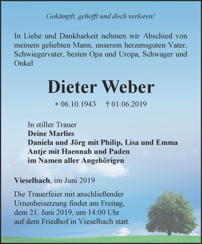  Traueranzeige für Dieter Weber vom 15.06.2019 aus Thüringer Allgemeine, Thüringische Landeszeitung