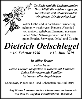 Traueranzeige von Dietrich Oelschlegel von Ostthüringer Zeitung