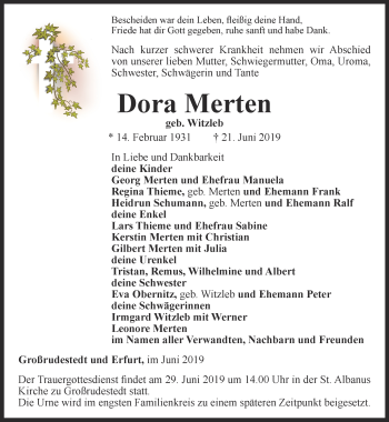 Traueranzeige von Dora Merten