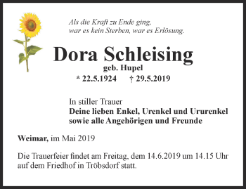Traueranzeige von Dora Schleising von Thüringer Allgemeine, Thüringische Landeszeitung